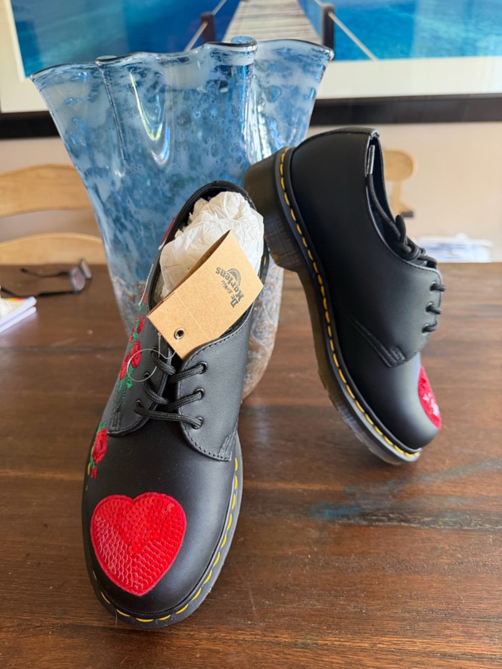 Dr. Martens Black Leather Lace-Up Flats with Red Sequin Hearts - Picture 3 of 6